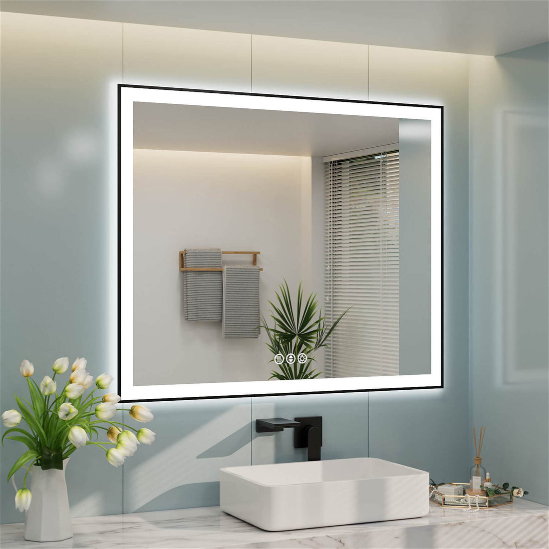 Wall-mounted LED bathroom mirror with bottom-middle touch controls