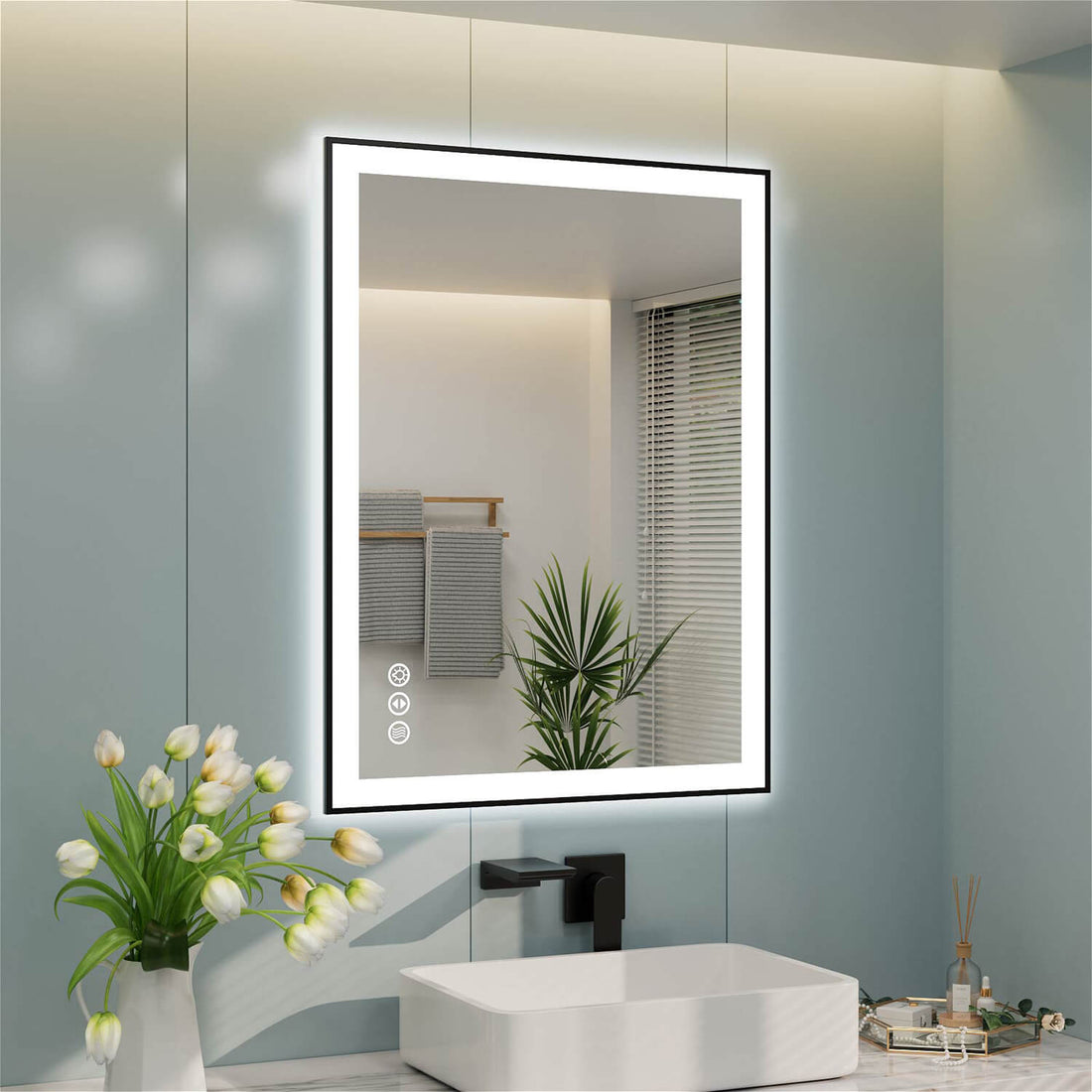 Wall-mounted LED bathroom mirror with left-side touch controls