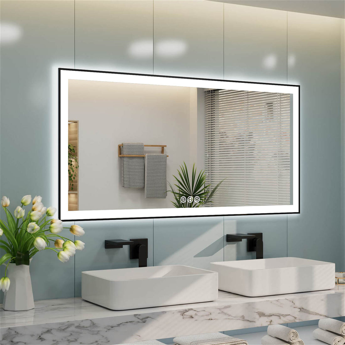 Wall-mounted double sink rectangular LED bathroom mirror with bottom-middle touch controls