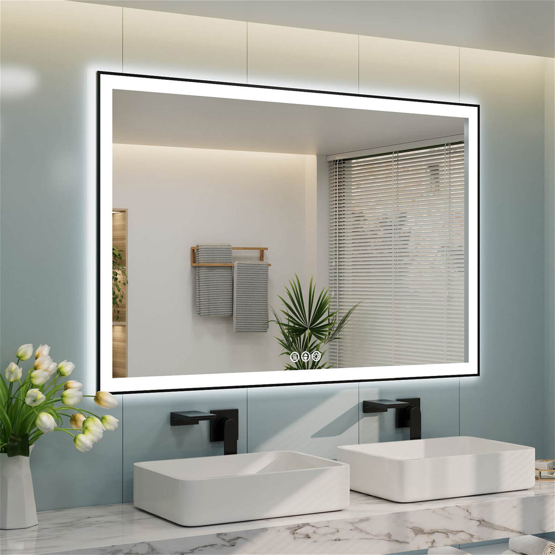 Wall-mounted dual sink rectangular LED bathroom mirror with bottom-middle touch controls