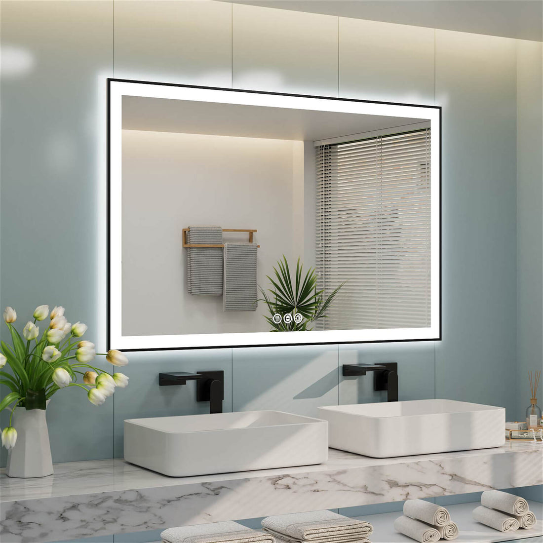Wall-mounted rectangular LED bathroom mirror for double sink with bottom-middle touch controls