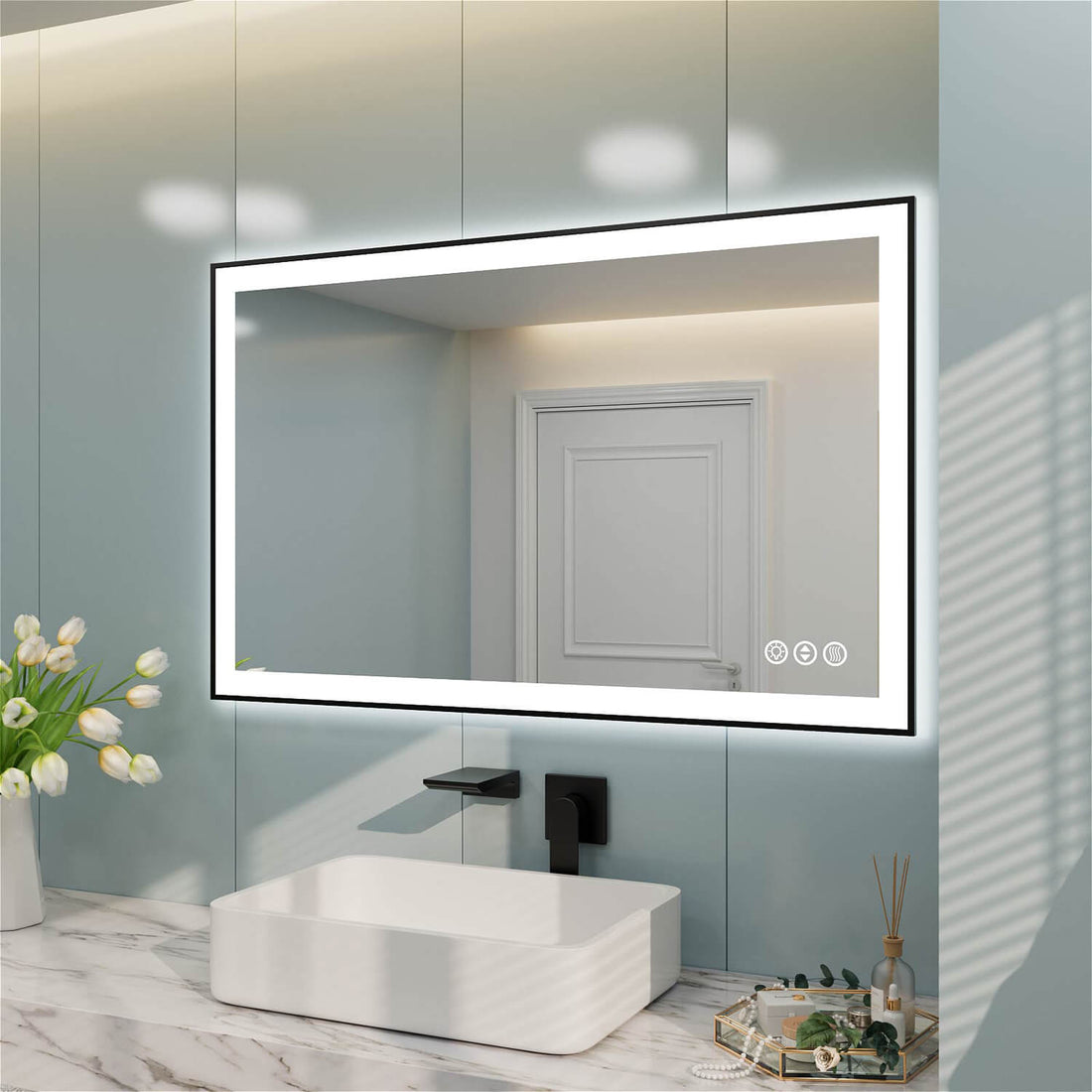 Wall-mounted rectangular LED bathroom mirror with bottom-right touch controls