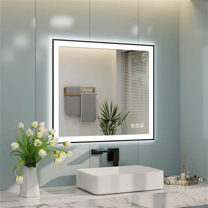 Wall-mounted square LED bathroom mirror with right-side touch controls