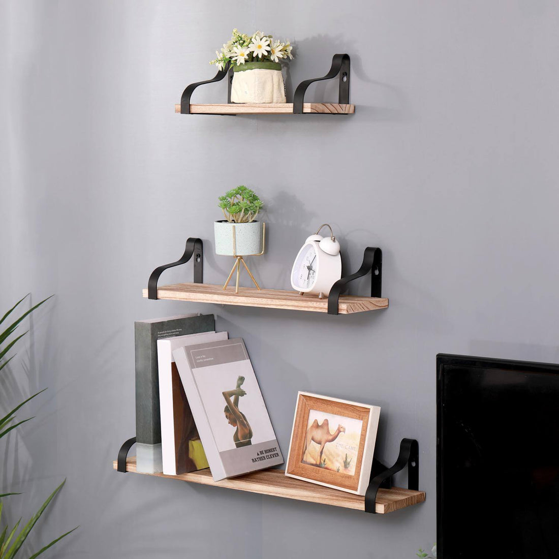 Wall-Mounted Oak Floating Shelves with Brackets for Bathroom (Set of 3)