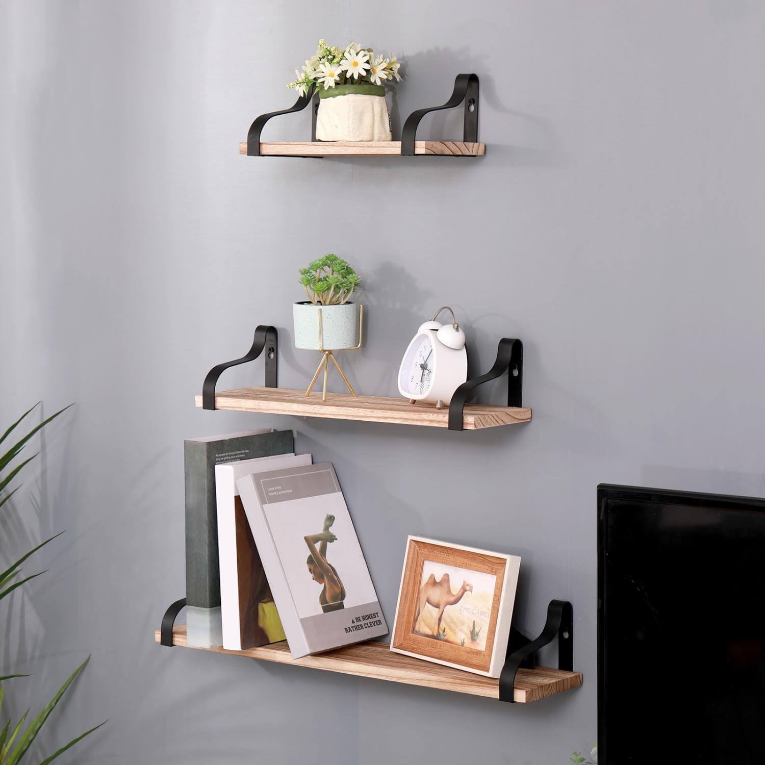 Wall-Mounted Oak Floating Shelves with Brackets for Bathroom (Set of 3)