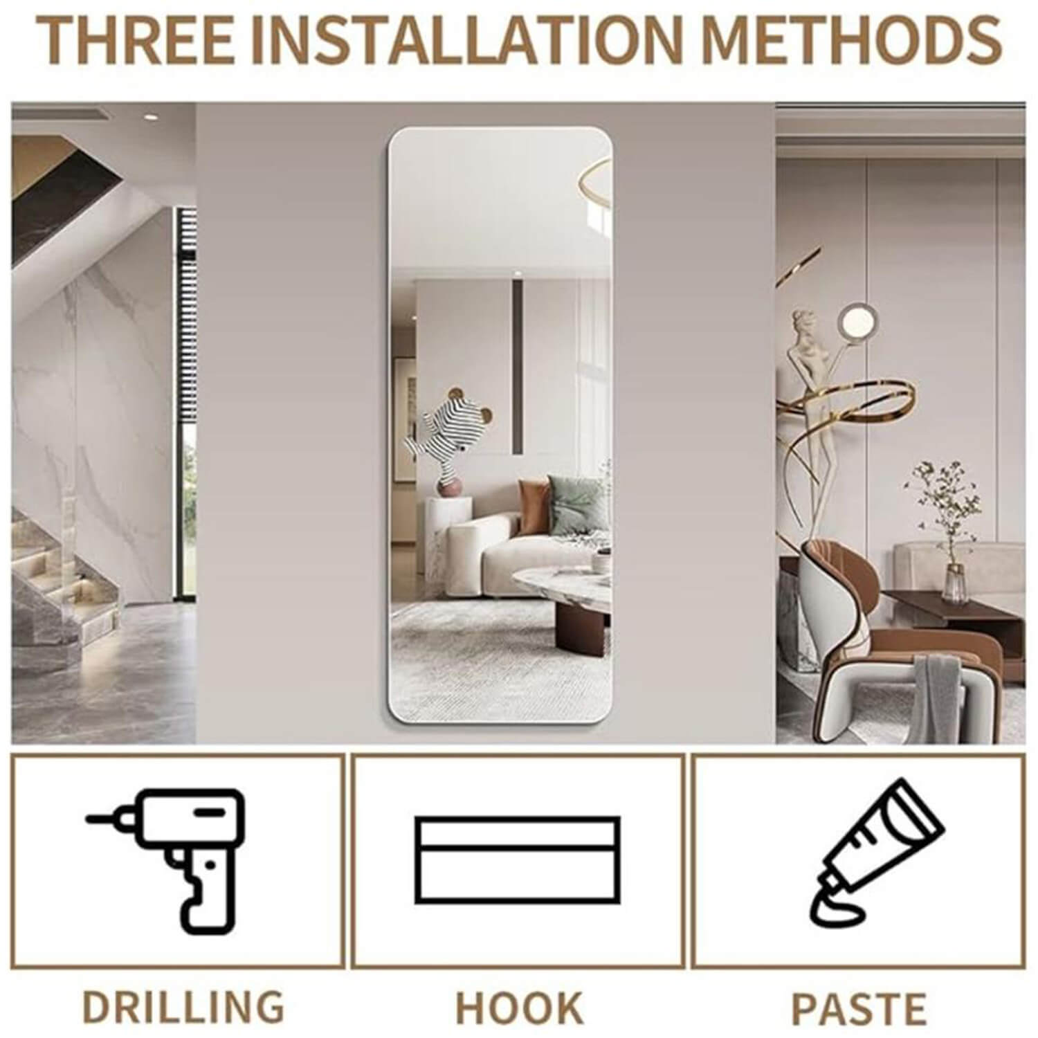 Wall-protective frameless mirror with drill-free hook and paste mounting options