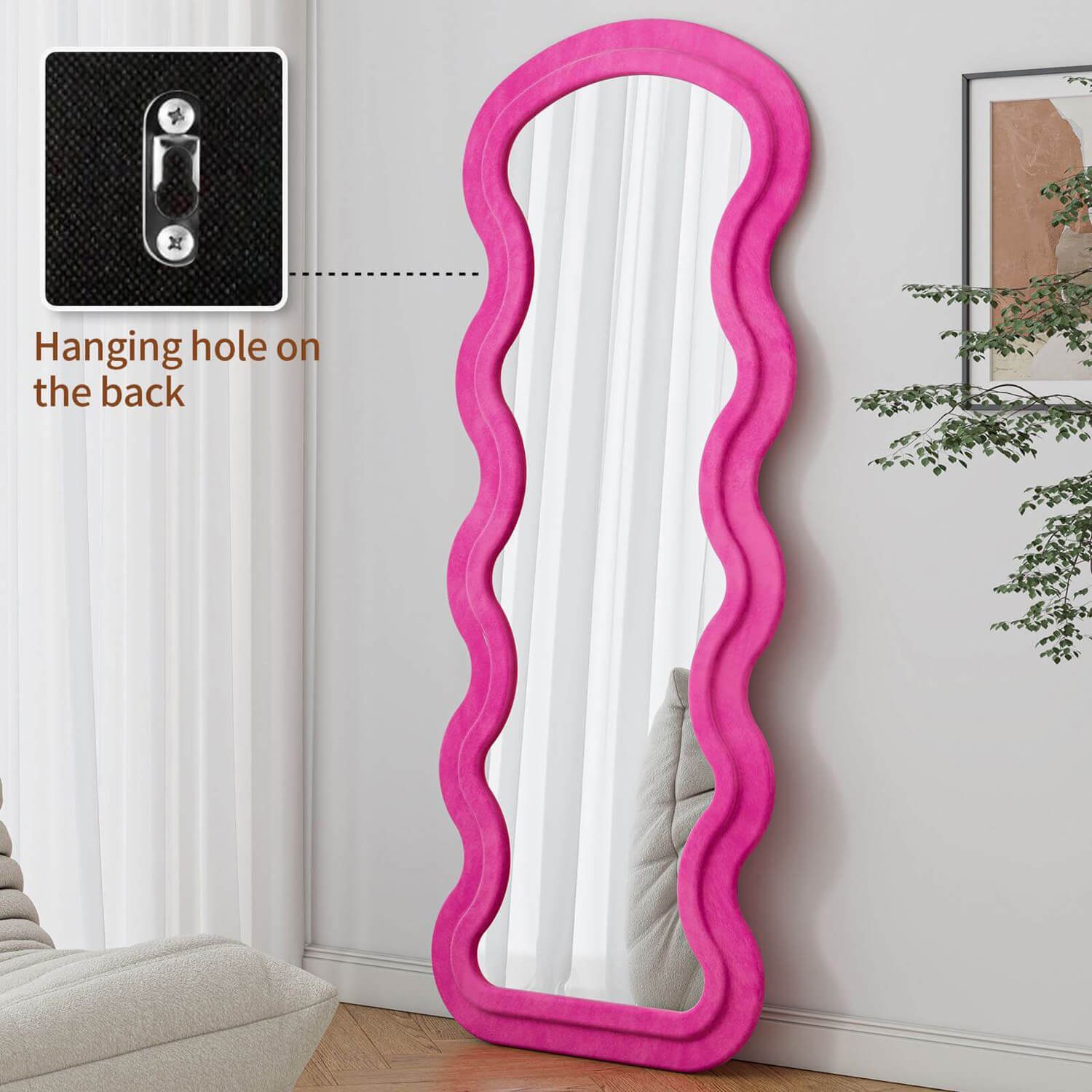 Wall mounted pink wavy flannel mirror with hanging hardware