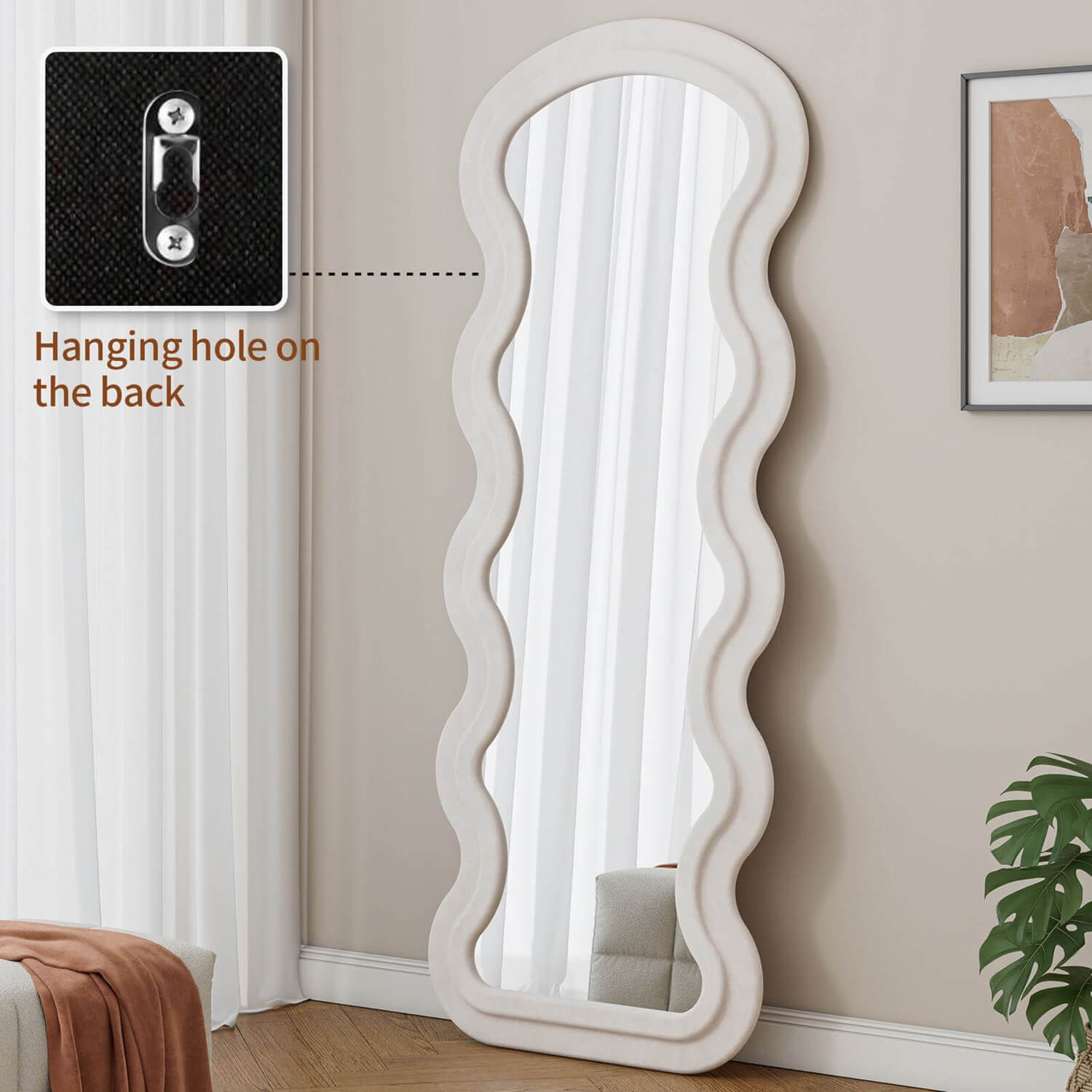 Wall mounted white wavy flannel mirror with hanging hardware