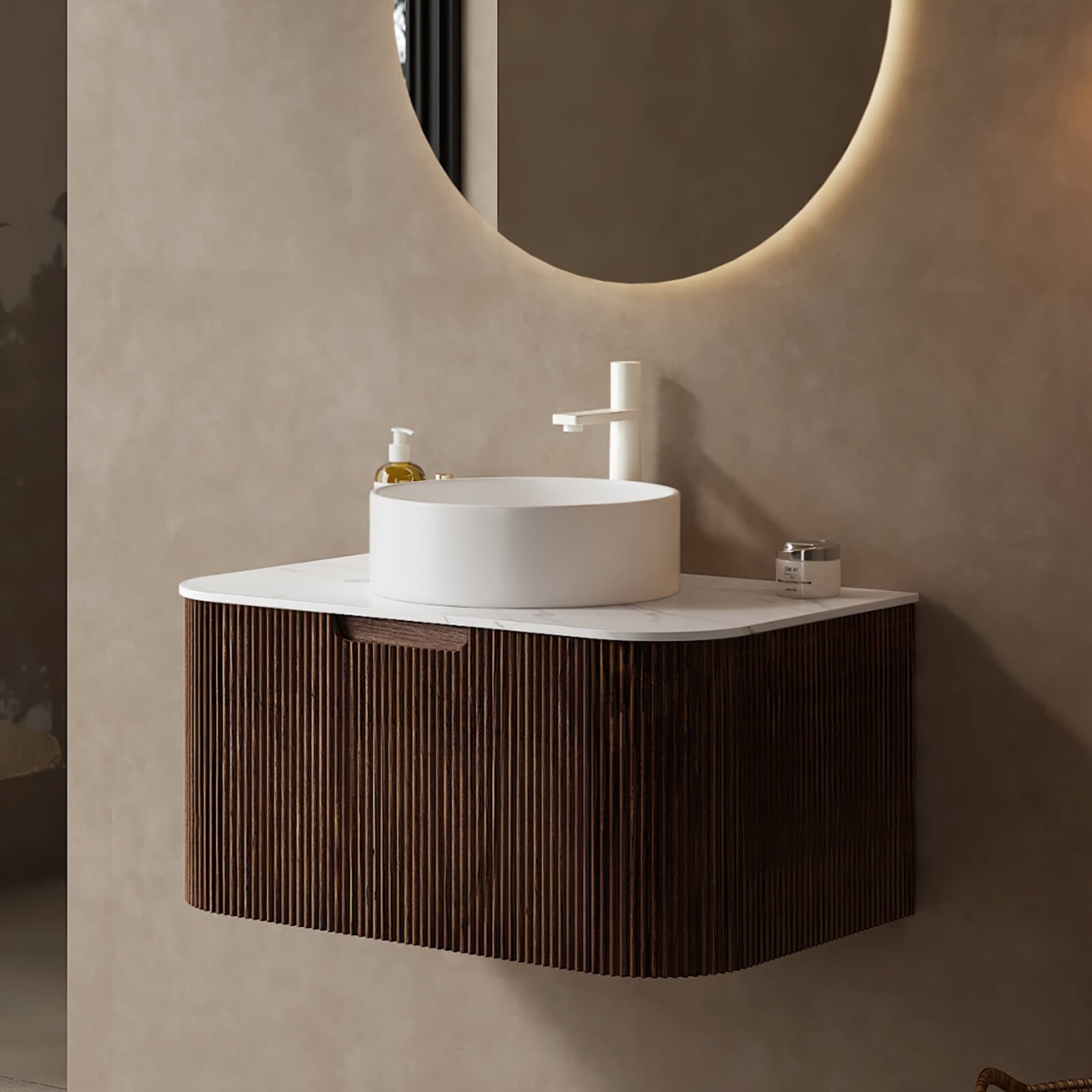 Walnut single sink vanity with modern fluted panel design