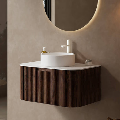 Walnut single sink vanity with modern fluted panel design