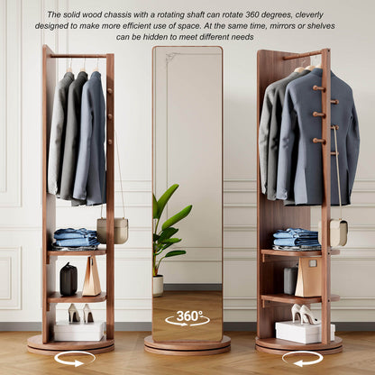 Walnut 360° rotating full-length mirror with coat rack and storage shelves
