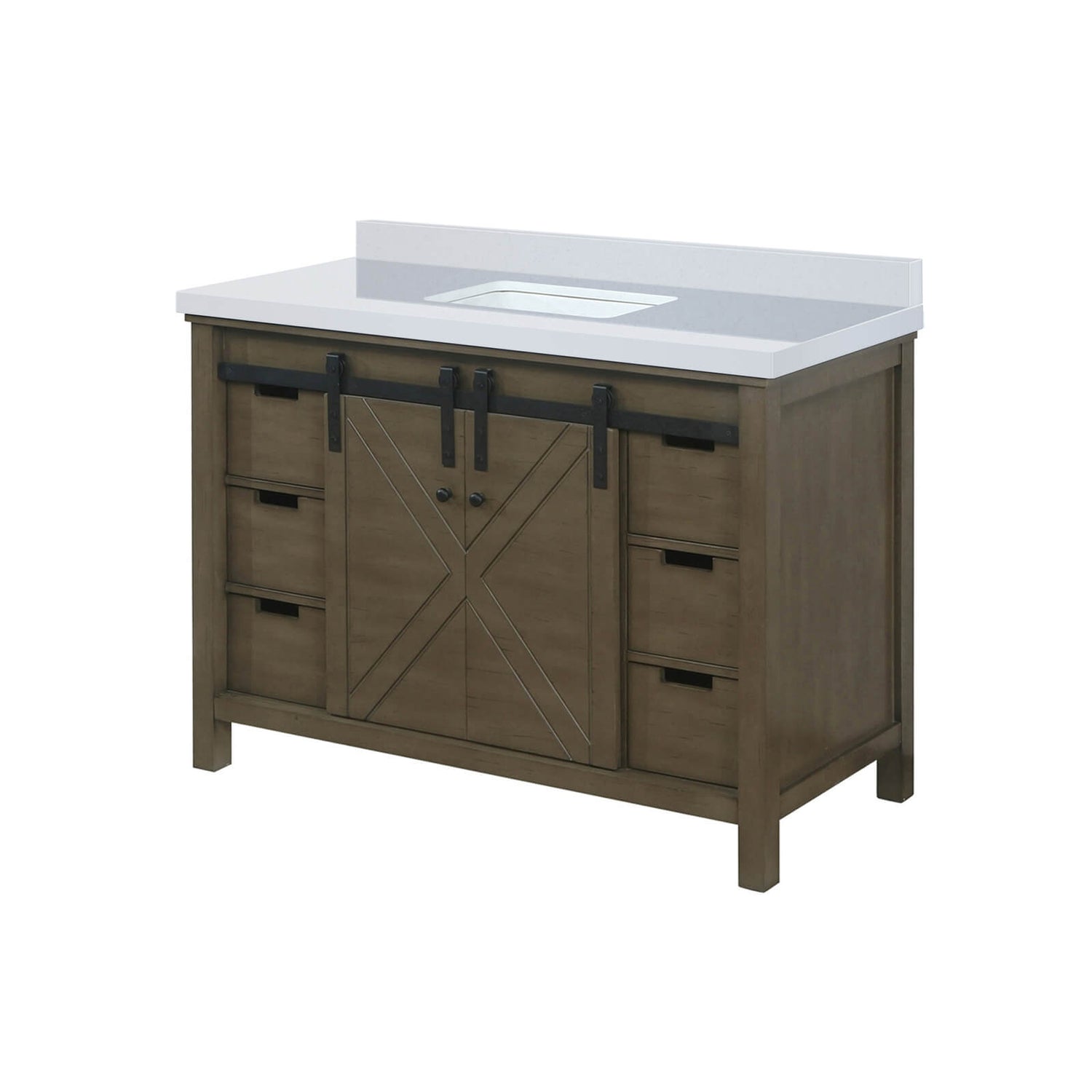 Warm rustic brown vanity with sliding barn doors
