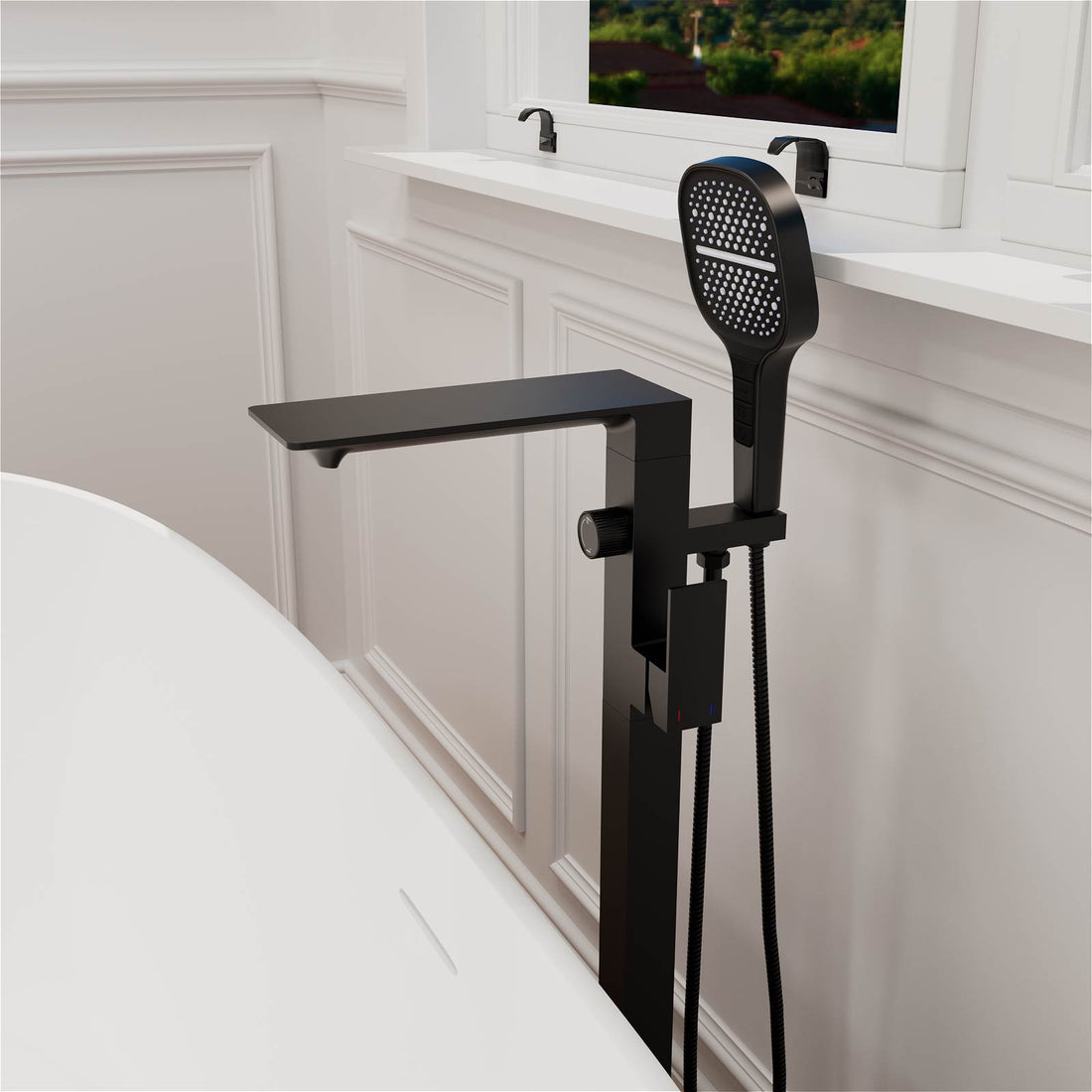 Waterfall Freestanding Bathtub Faucet 360 Swivel Floor Mount Tub Filler with Handheld Sprayer