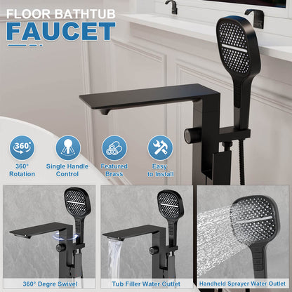 Waterfall Freestanding Bathtub Faucet with Handheld Sprayer 1