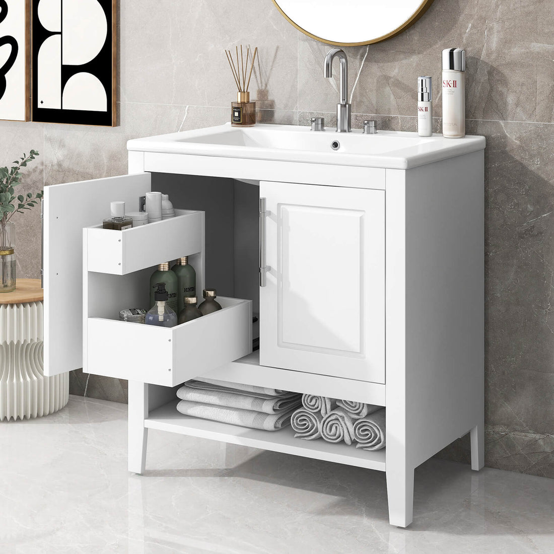 White 30 inch vanity with ceramic sink and drawers