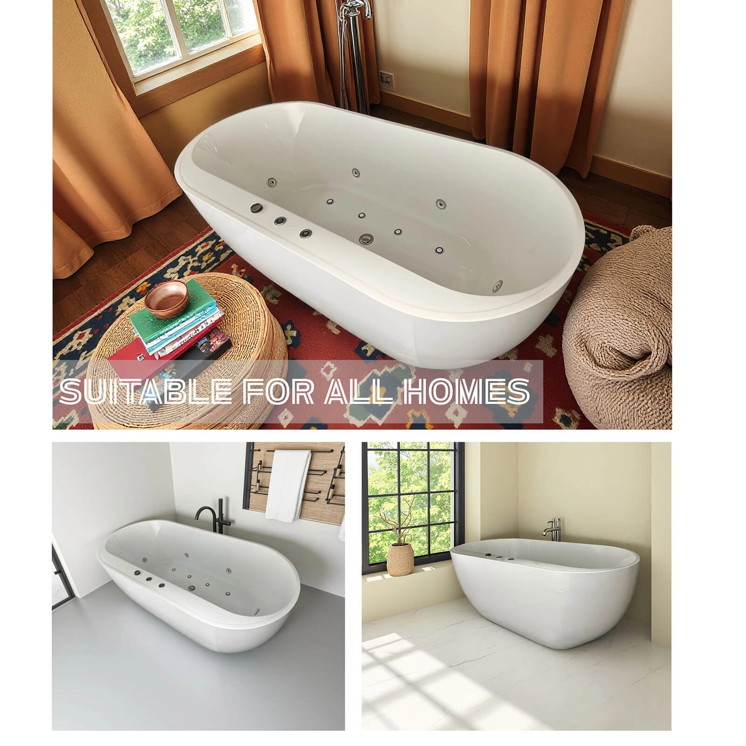 White acrylic massage bathtub for full body spa relaxation