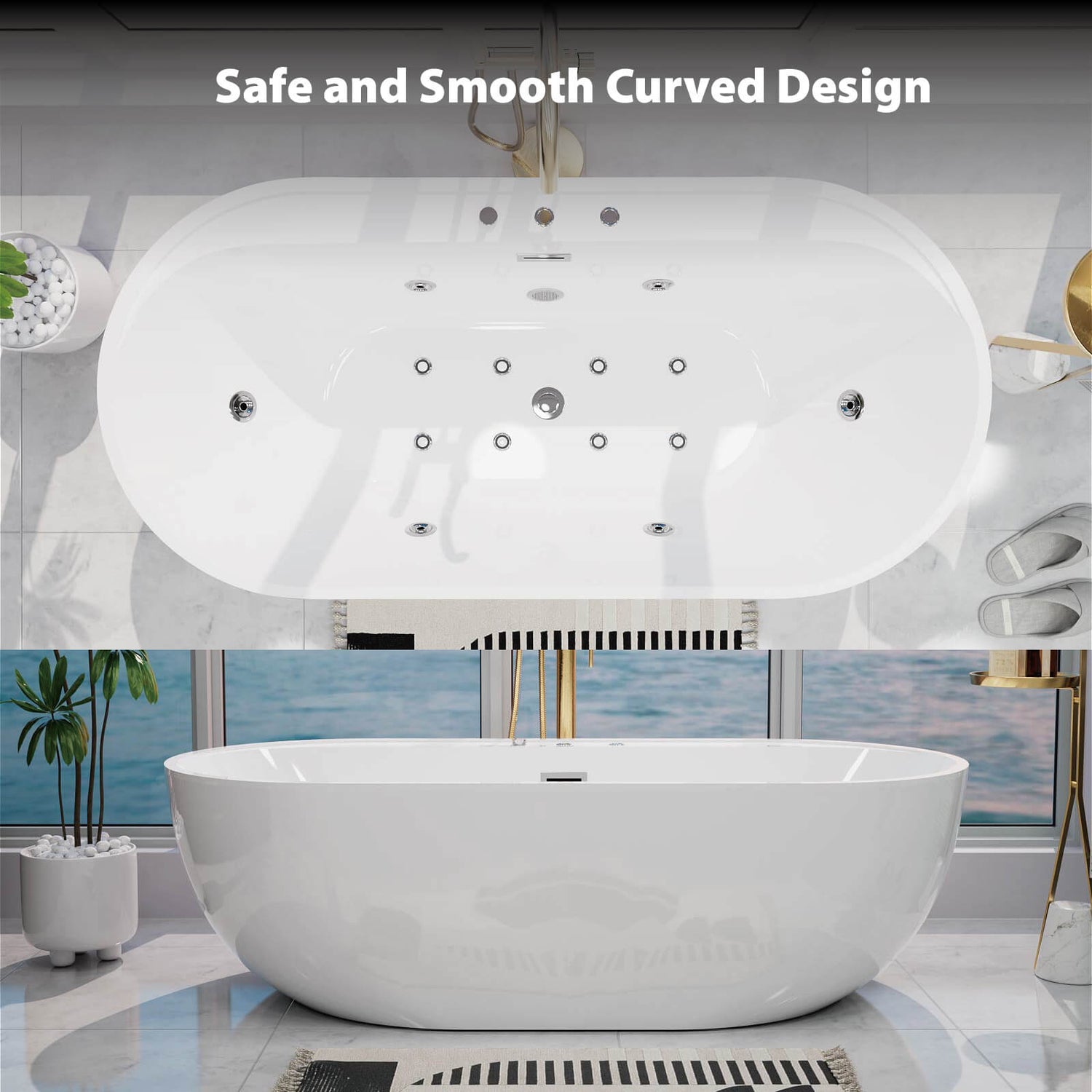 White acrylic massage bathtub for full body spa relaxation