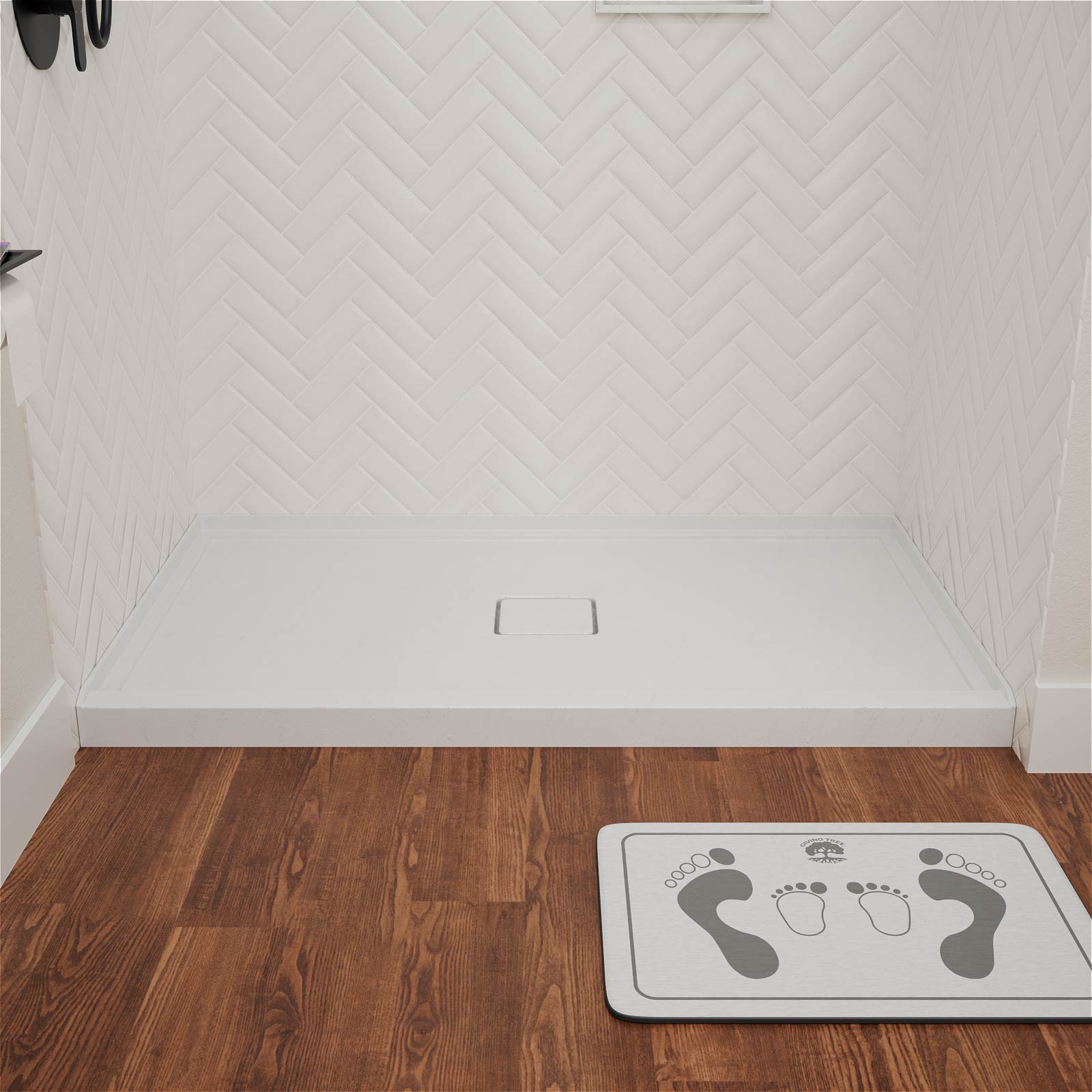 White acrylic shower pan for three wall alcove installation