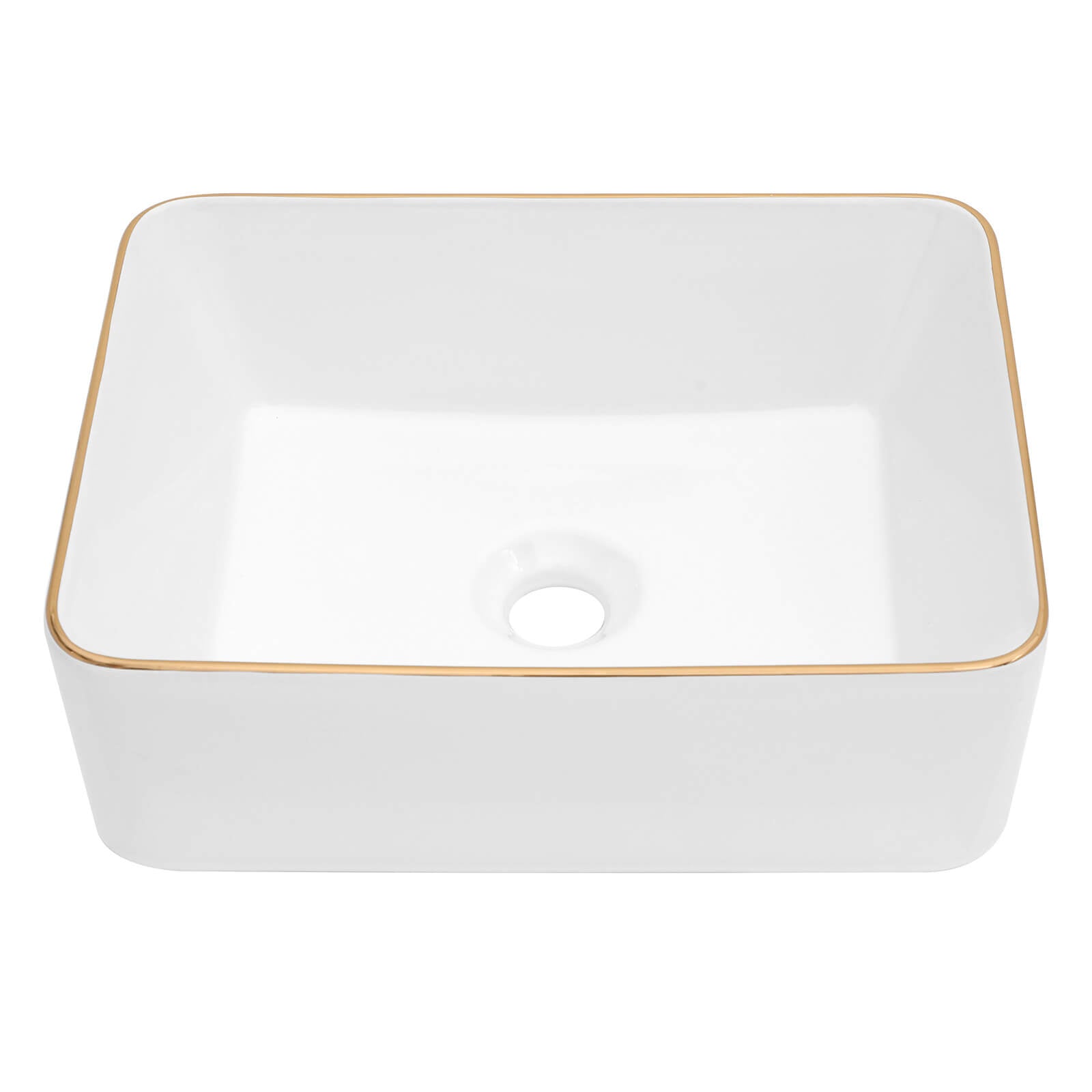 White ceramic bathroom sink with luxurious gold trim edge