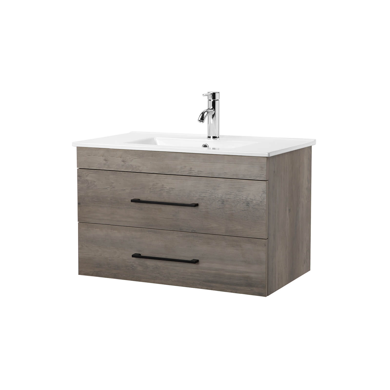 White ceramic vessel sink atop gray wood cabinet