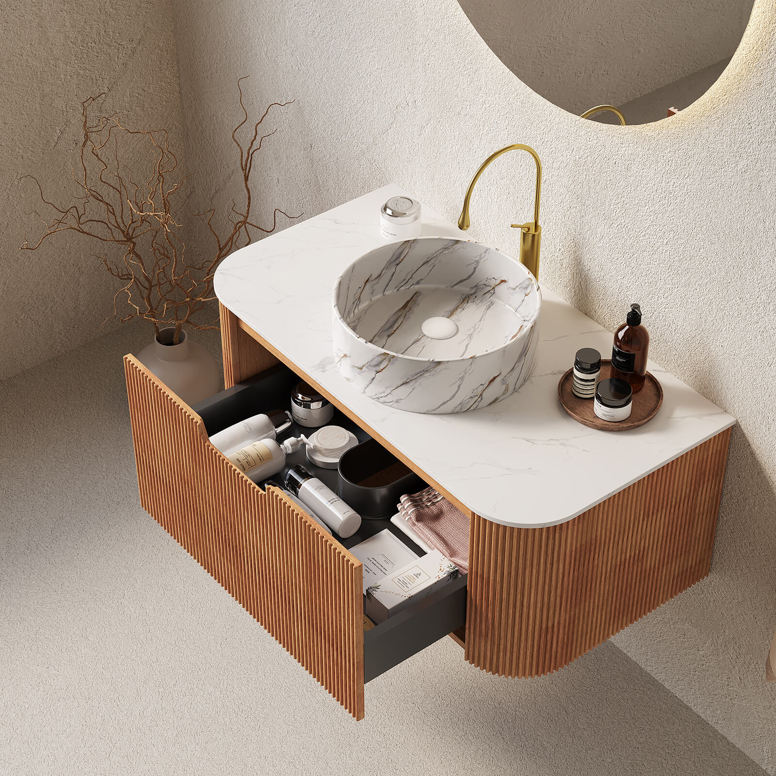 White oak bathroom cabinet with engineered marble countertop