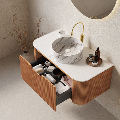 White oak bathroom cabinet with engineered marble countertop