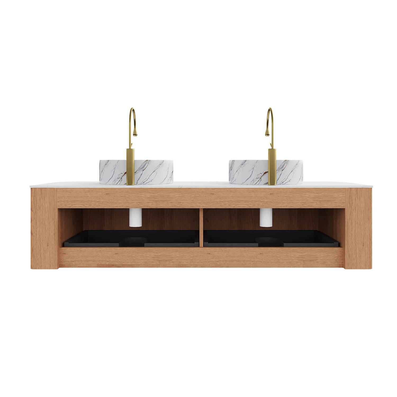 White oak double sink vanity modern wall mounted design