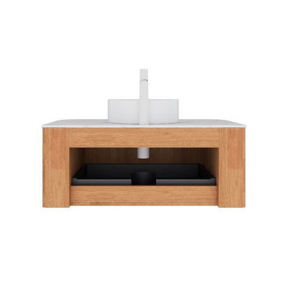 White oak floating vanity with French 3D vertical grooves and soft close drawer
