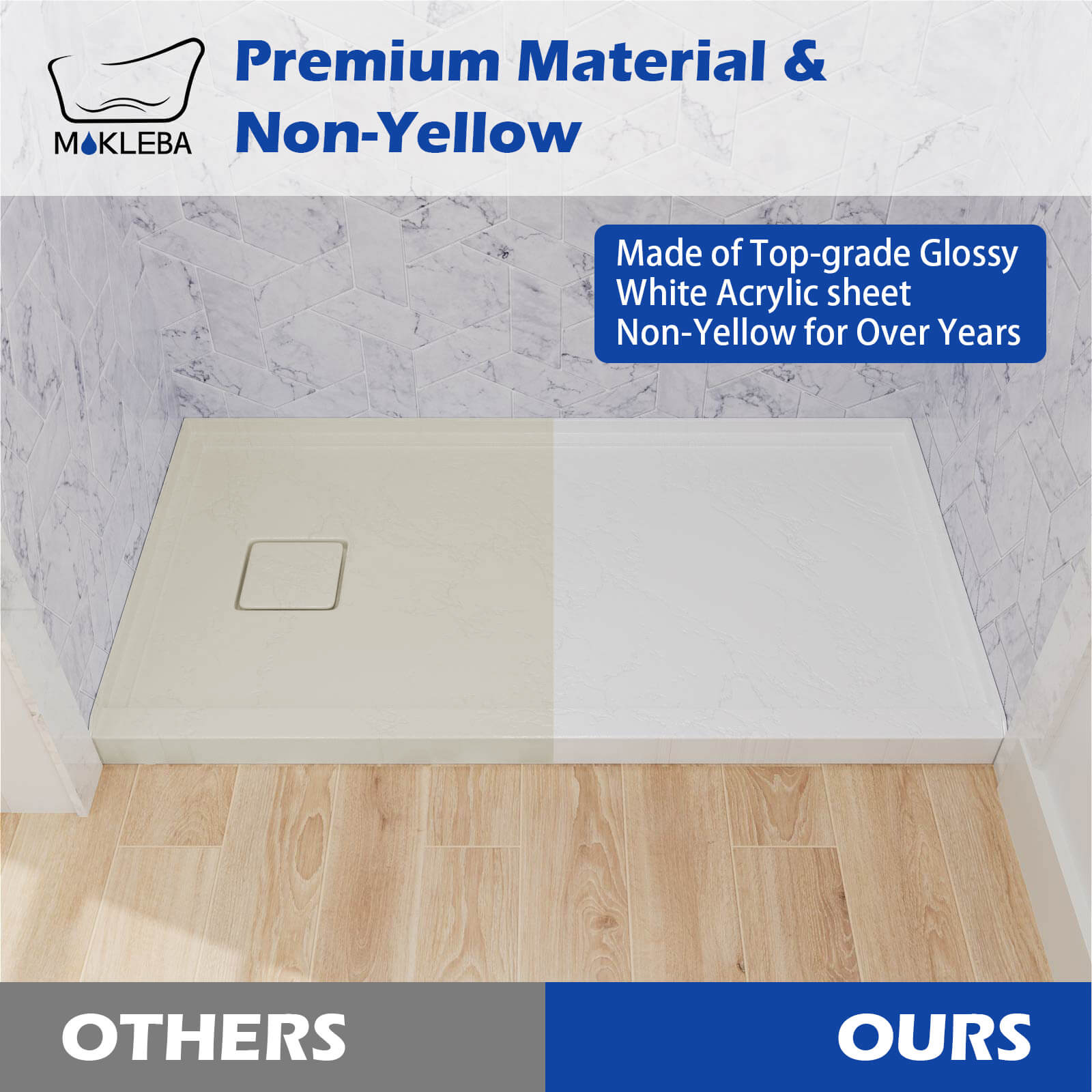 White shower base resistant to discoloration and wear