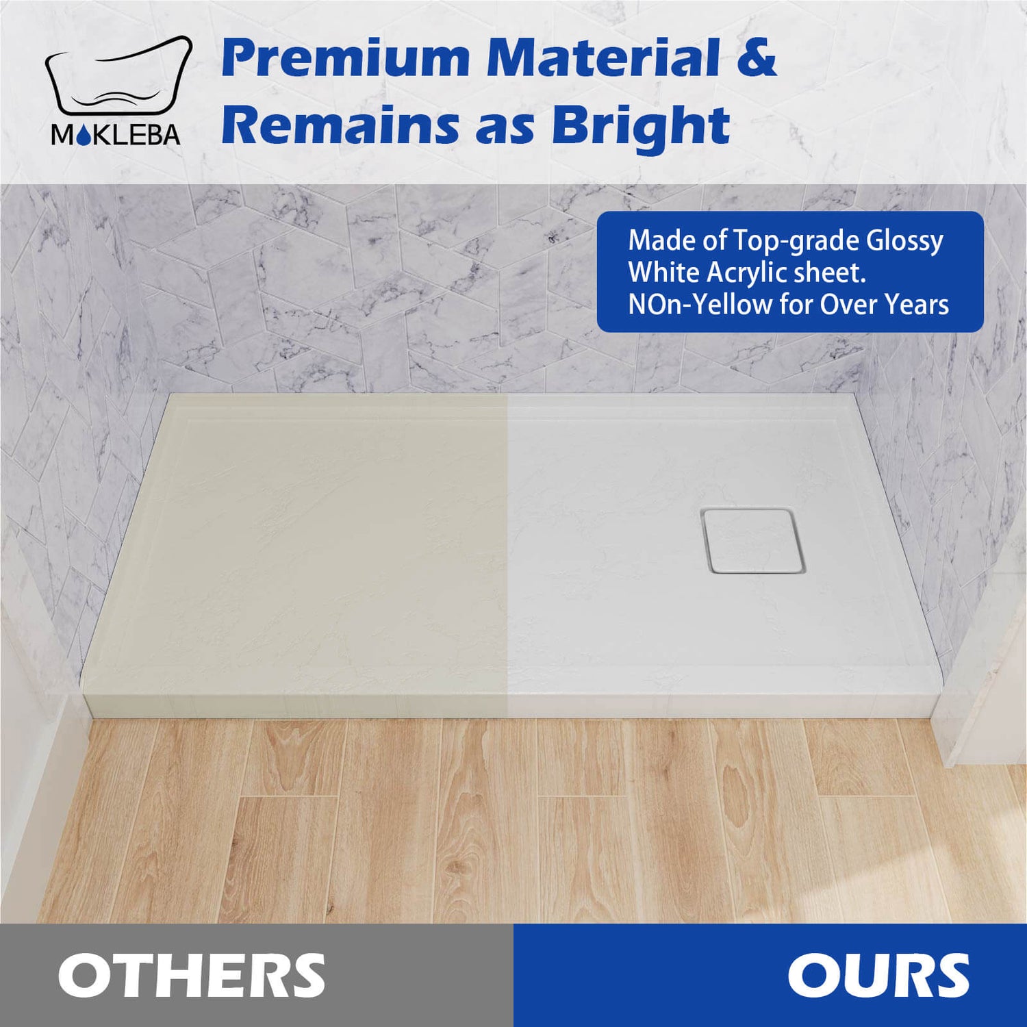 White shower pan resistant to cracking and discoloration