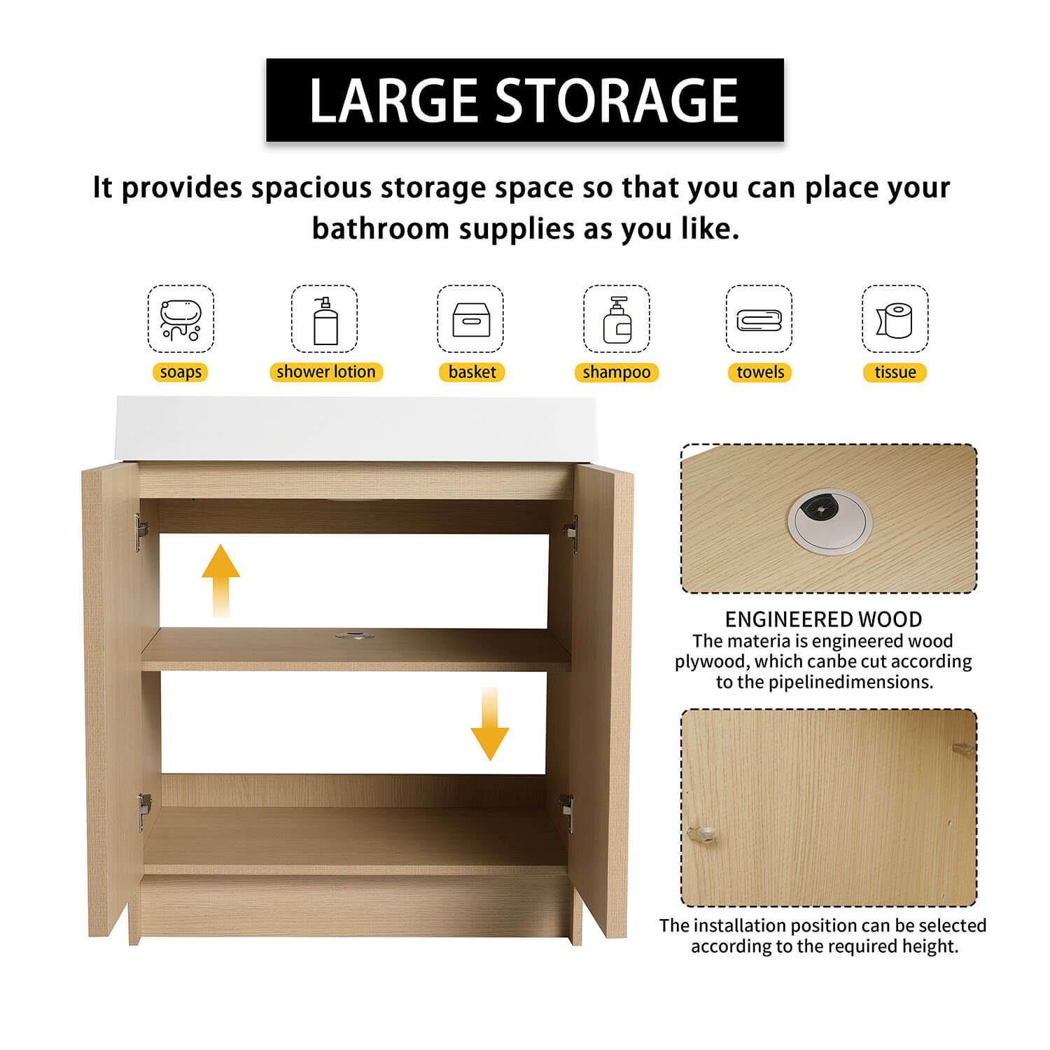 White Oak Bathroom Vanity with Resin Sink and Soft Close Cabinet Doors-large storage