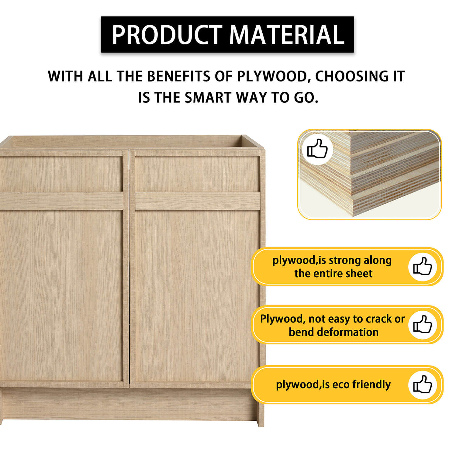 White Oak Bathroom Vanity with Resin Sink and Soft Close Cabinet Doors-material