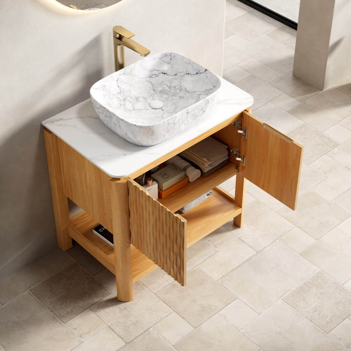 White Oak Fluted Bathroom Vanity with Marble Ceramic Vessel Basin and Spacious Double Door Cabinet Storage