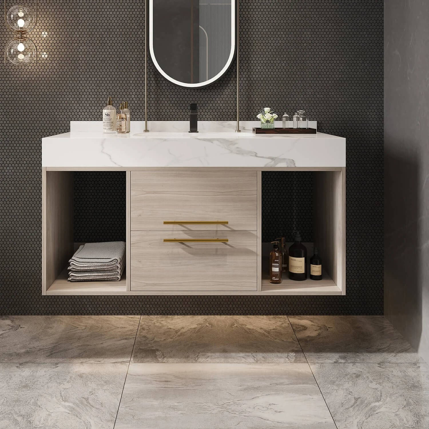 White Oak Wall Mounted Dressing Table with Faux Stone Top