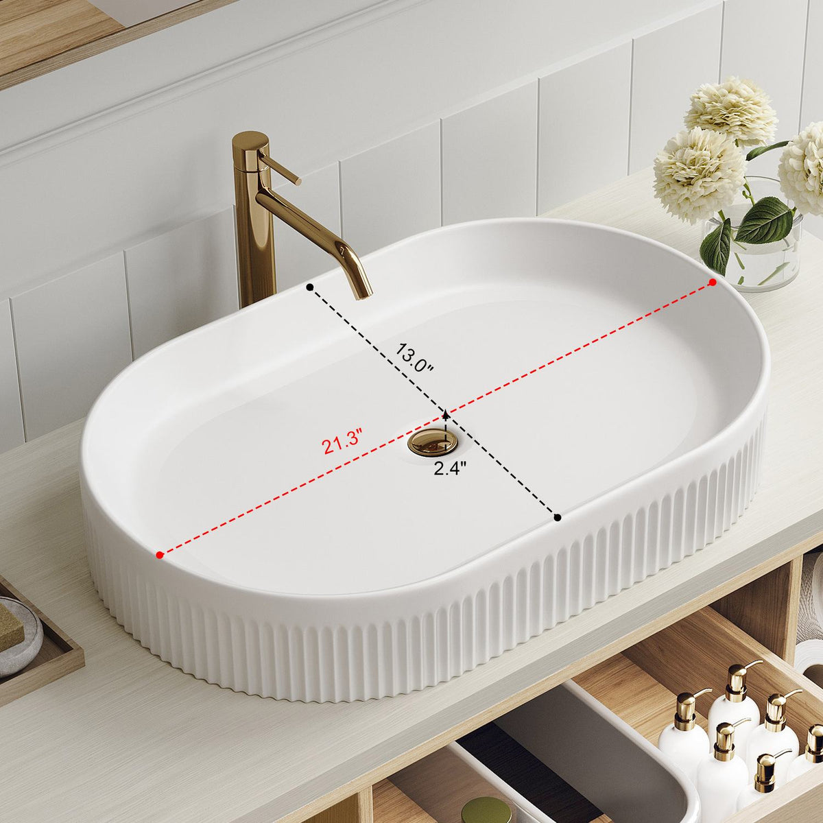 White Oval Vessel Sink Dimensions 21.3 inch Fluted Ceramic Basin