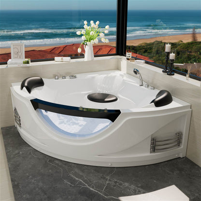 White acrylic corner whirlpool bathtub with ergonomic headrests and built-in jets