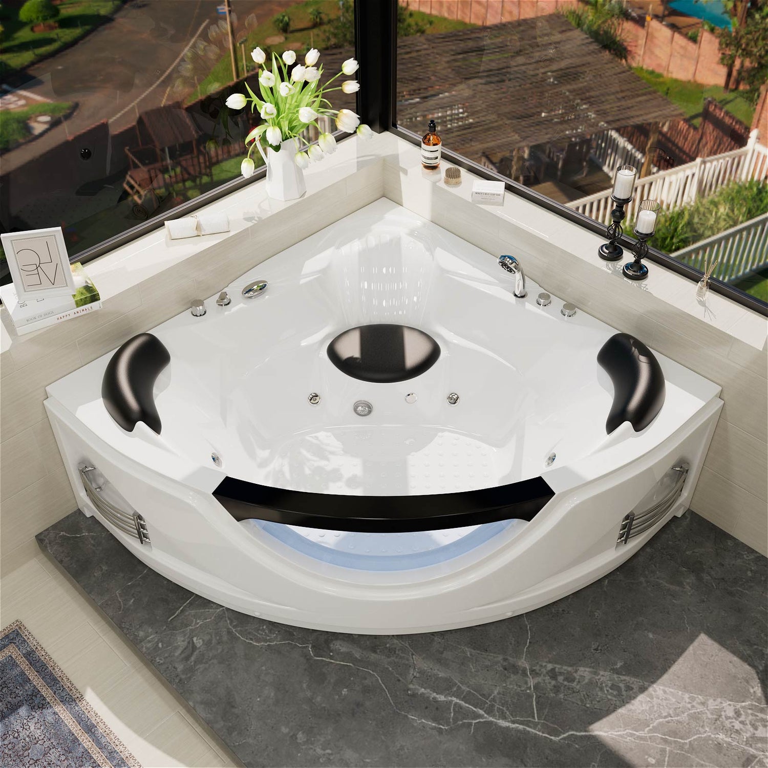 White acrylic corner whirlpool tub with stainless steel armrests and headrests