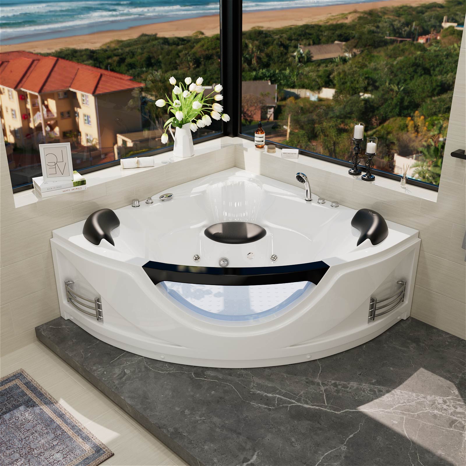 White acrylic corner whirlpool tub with waterfall faucet and built-in speakers
