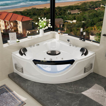 White acrylic corner whirlpool tub with waterfall faucet and built-in speakers