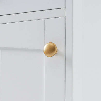 White bathroom storage cabinet with elegant gold round handles