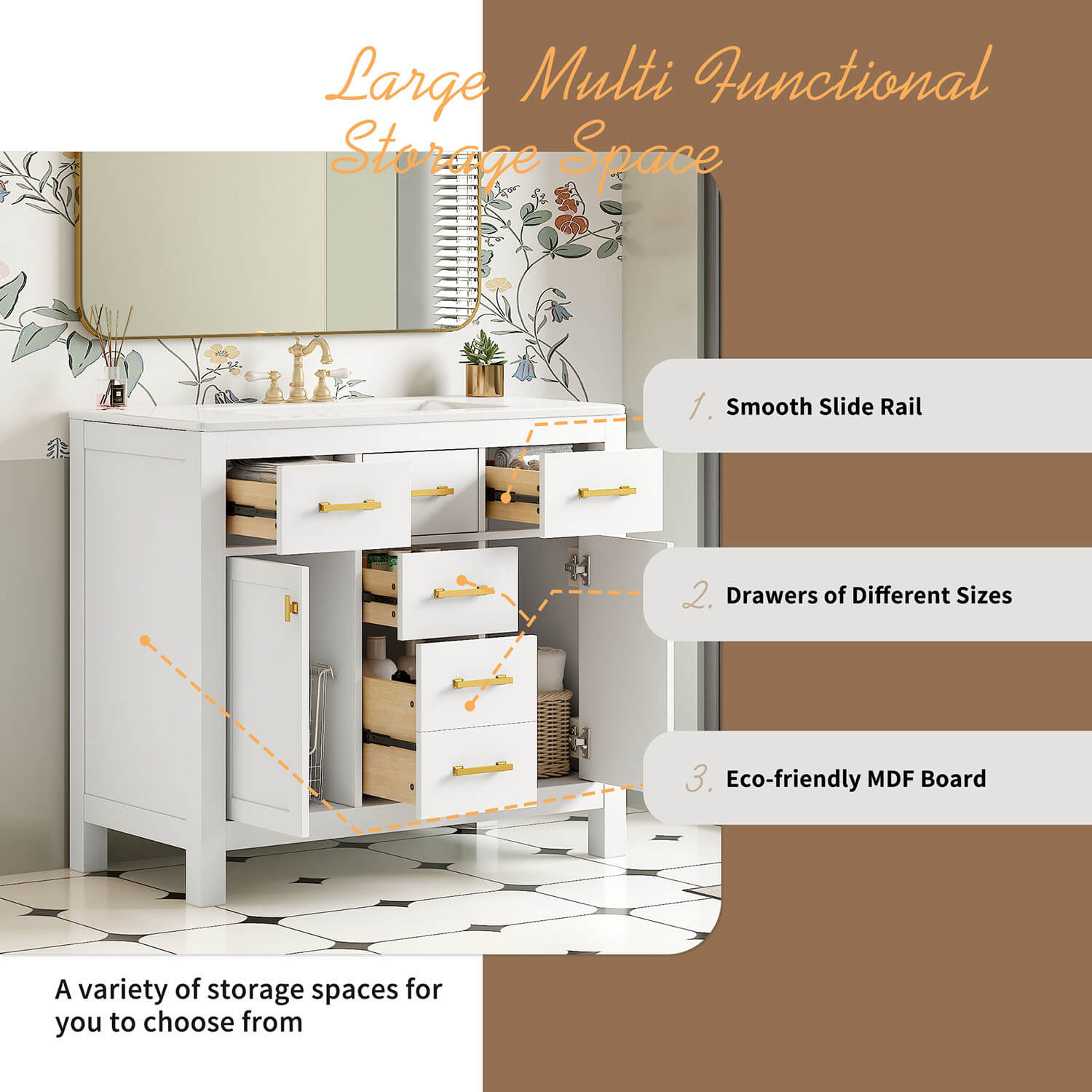 White bathroom vanity with 4 drawers 2 doors and a smooth slide rail