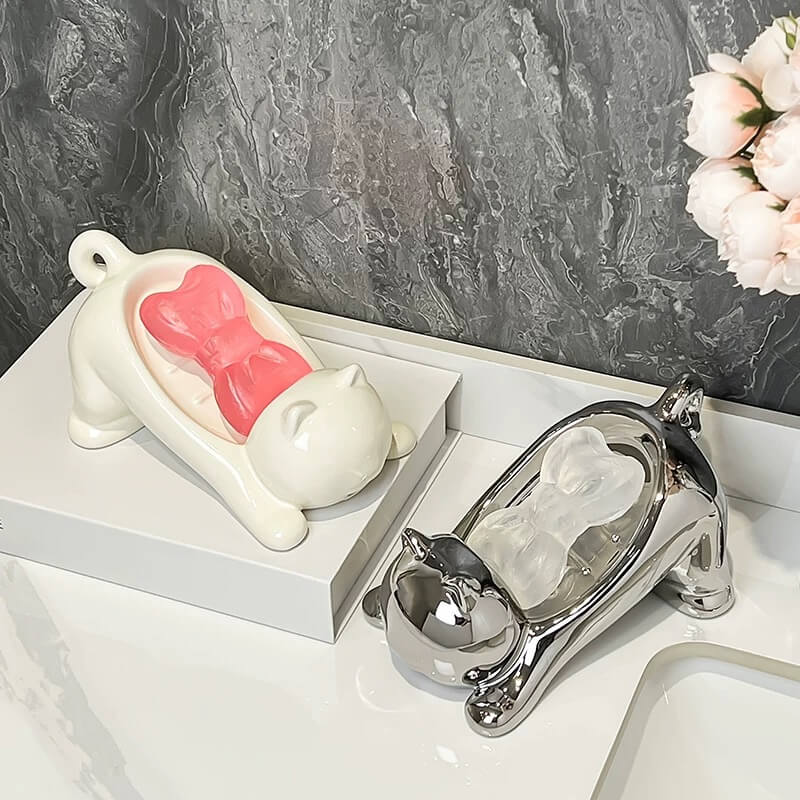 White ceramic cat soap dish with drainage tray
