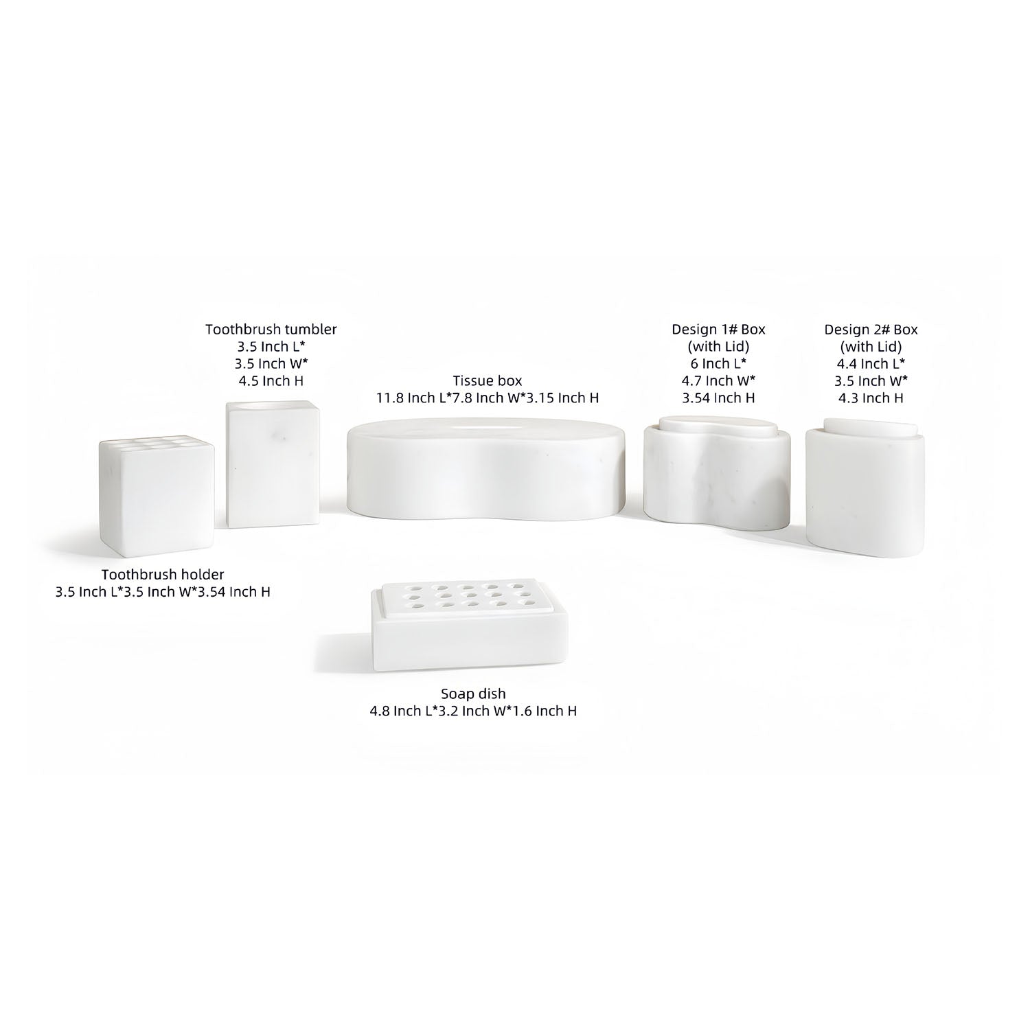 White marble bathroom accessories set dimension