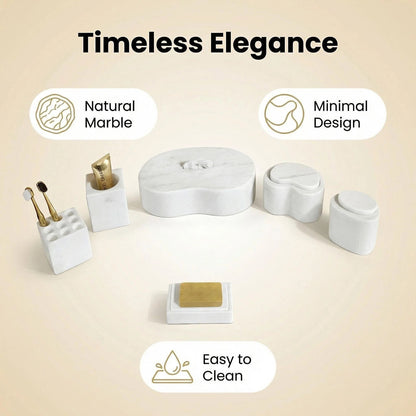 White marble bathroom accessories set for elegant vanity display