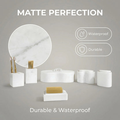 White marble bathroom countertop accessories set for modern bathroom decor