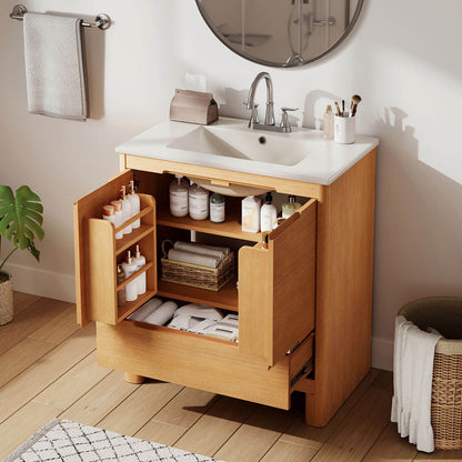 White oak vanity cabinet with adjustable shelf and storage drawer