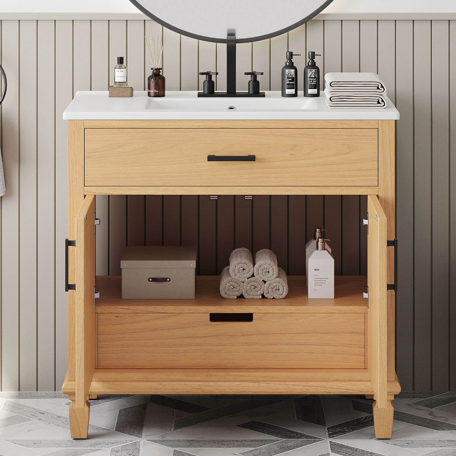 White oak vanity with rattan doors and pull-out drawer storage design