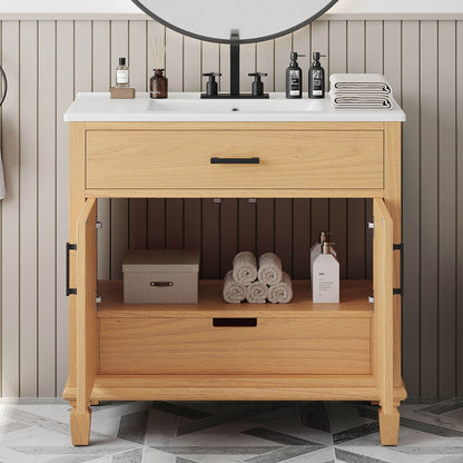 White oak vanity with rattan doors and pull-out drawer storage design