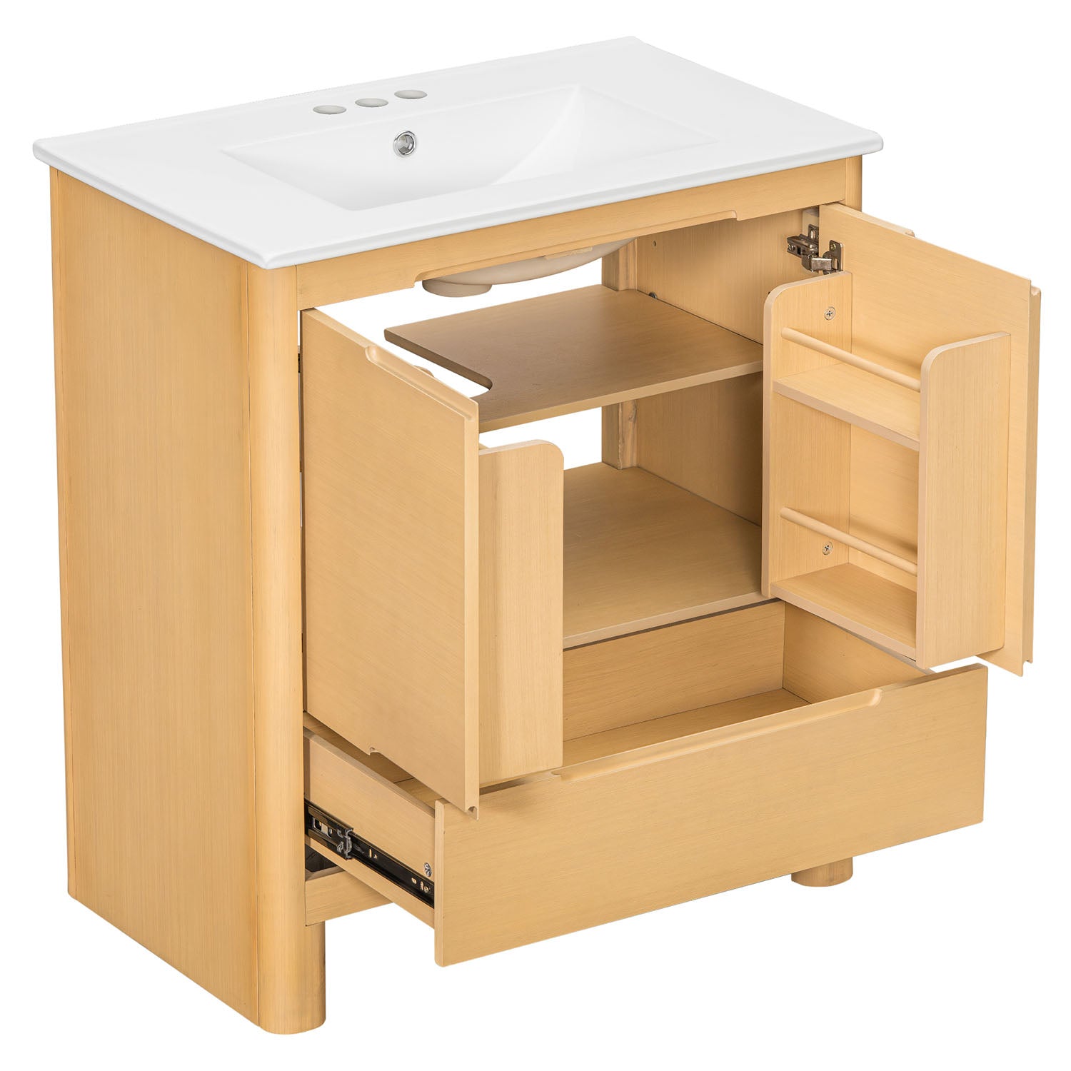 White oak vanity with selves and lower drawer for towels and essentials