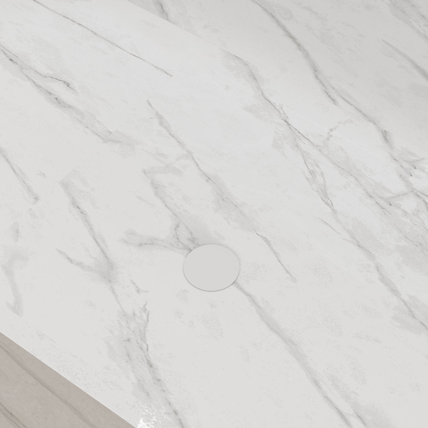 White stone resin bathtub with matching pop-up drain detail